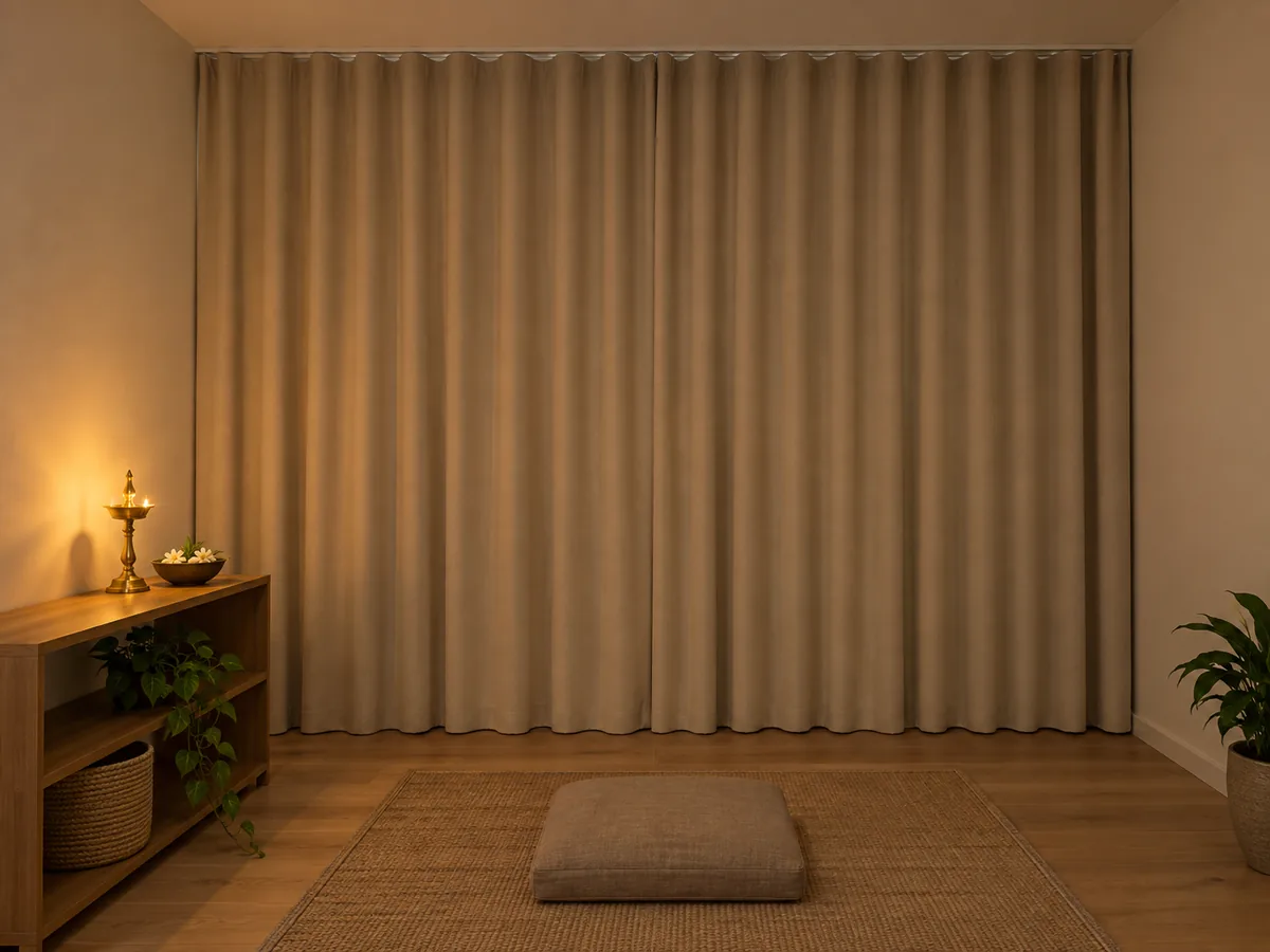 Sand blockout curtains drawn ceiling to floor in a small prayer room lit by a soft lamp