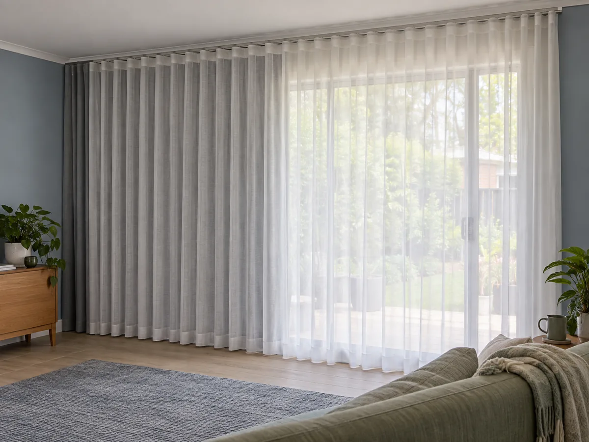 White sheer over a slate blockout curtain on a dual track across a sliding door