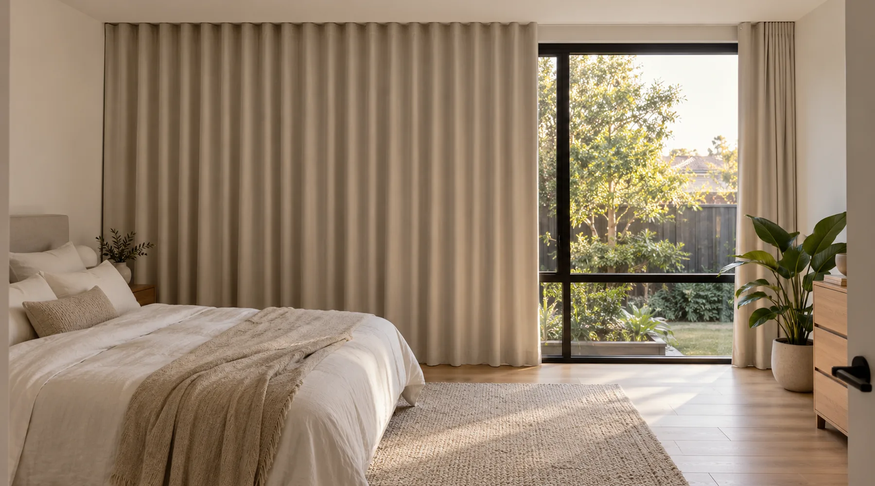 Stone blockout curtains drawn across a wide bedroom window on a ceiling track