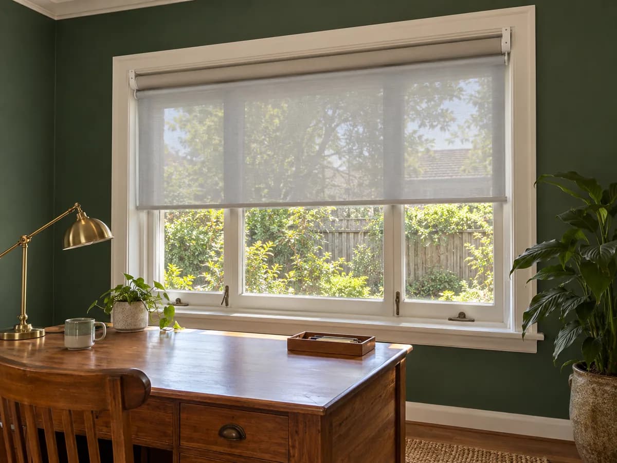 Double roller blind in a green study: grey sunscreen half-lowered, stone blockout rolled up behind it on the same brackets
