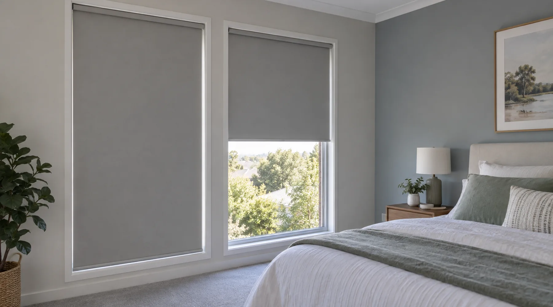 Dove-grey blockout roller blinds fitted inside two bedroom windows, one fully lowered