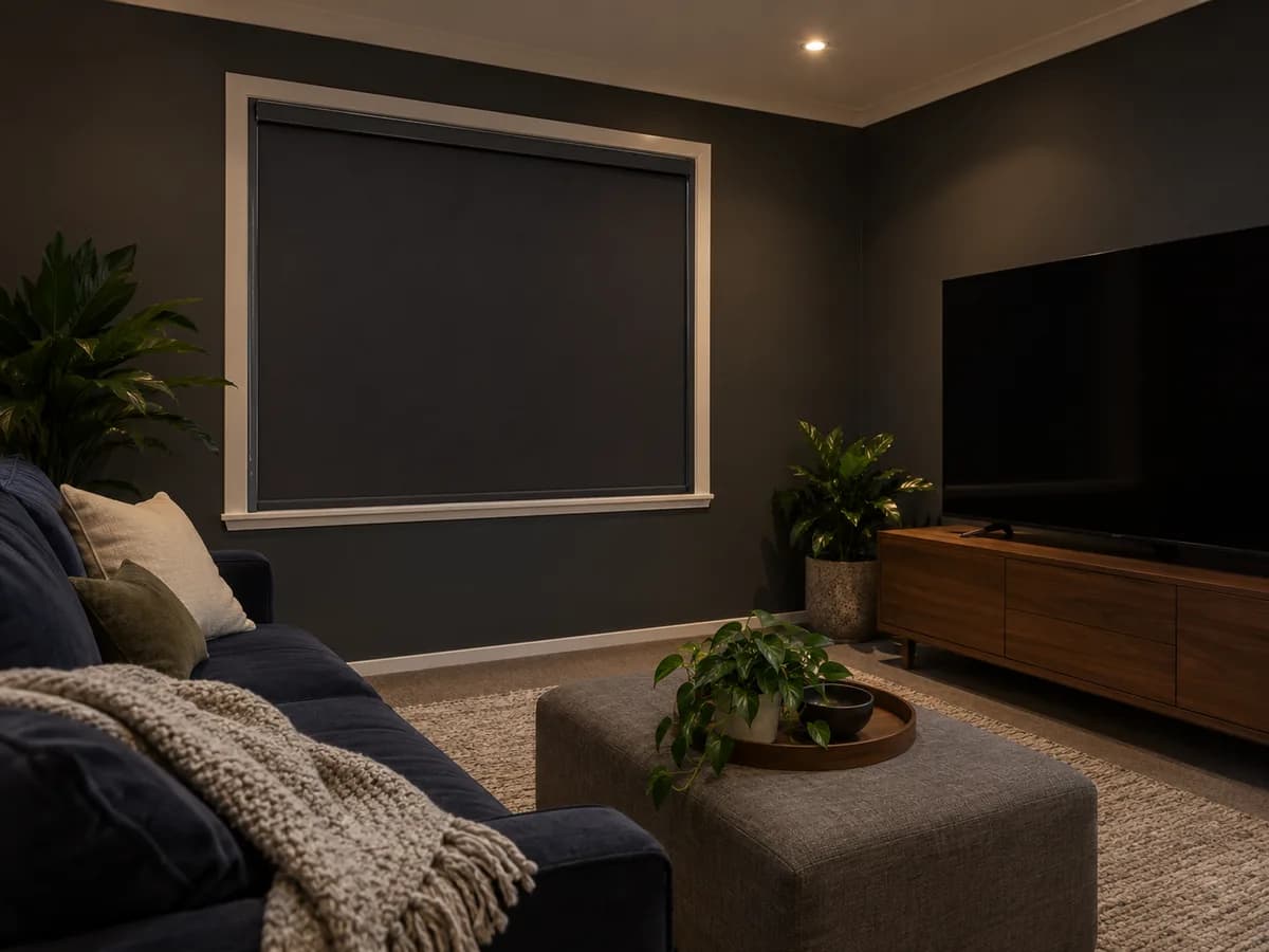Charcoal blockout roller blind held in aluminium side channels in a dark media room