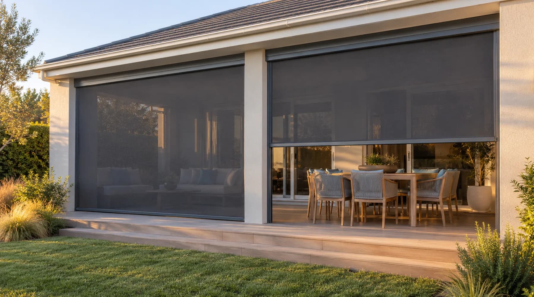 Charcoal zip screens on a two-bay alfresco: one bay fully lowered, one stopped above the table