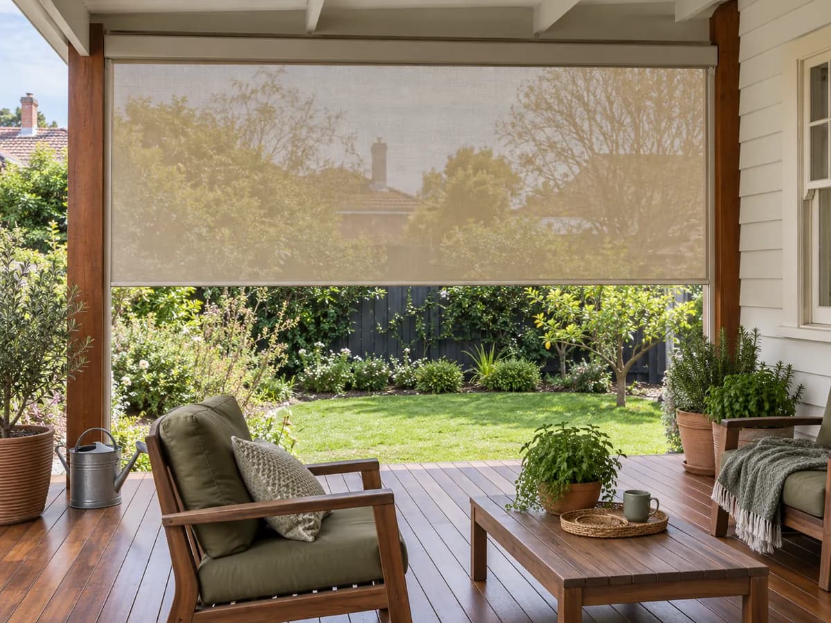 Sand mesh zip screen half-lowered across a covered timber deck