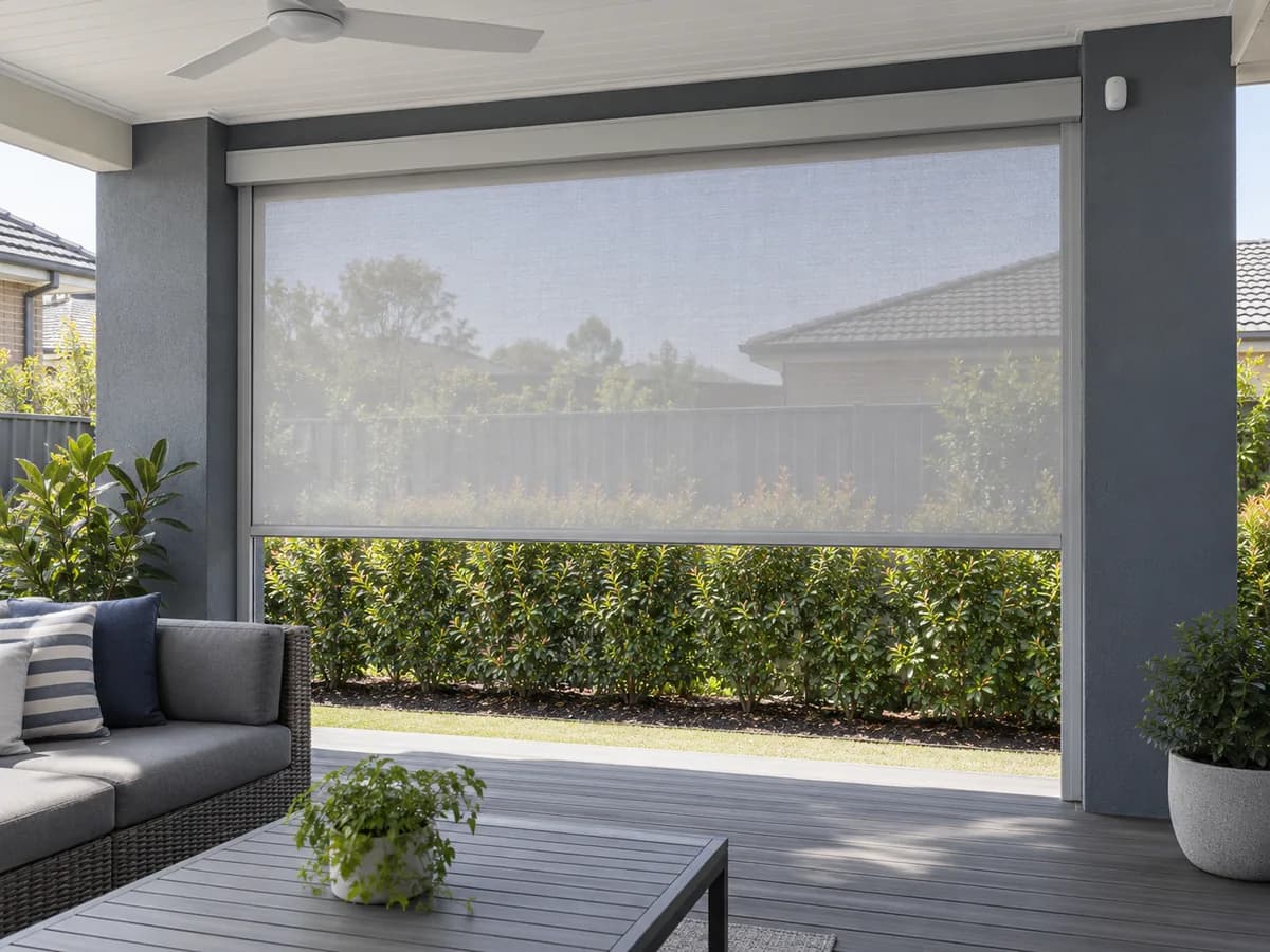 Light-grey motorised zip screen with a small wind and sun sensor on the alfresco beam